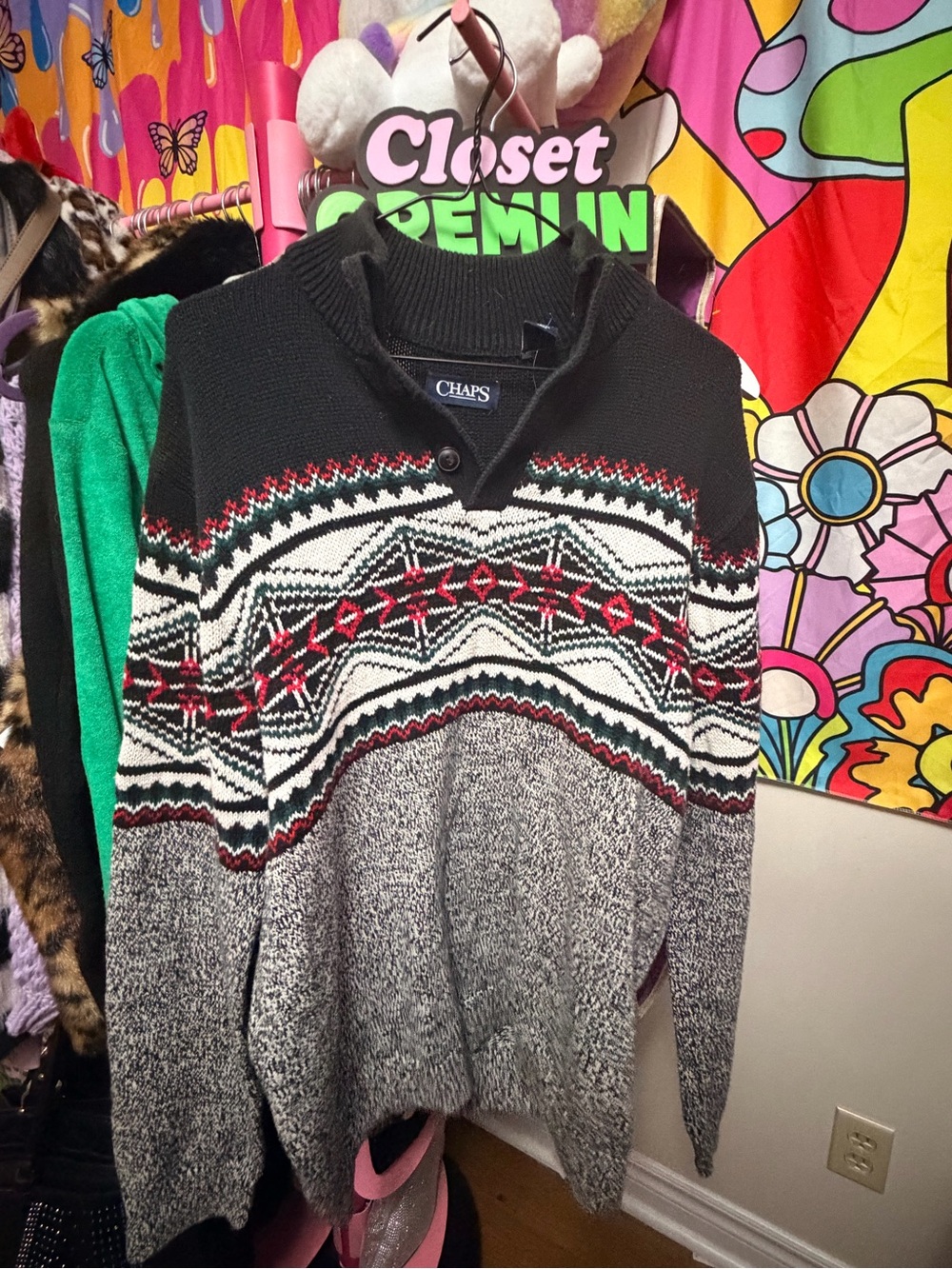 Chaps Men's Black, Gray and Red Fair Isle V-Neck Sweater